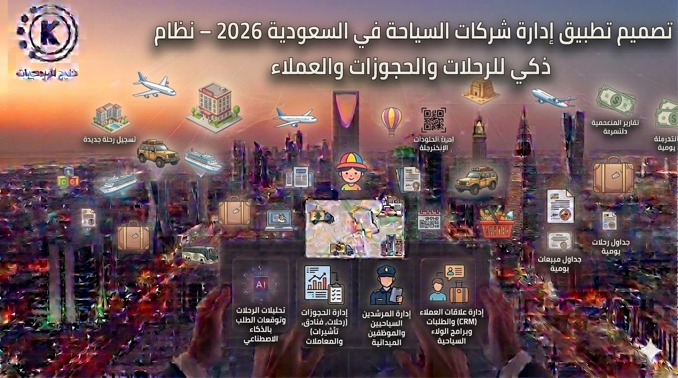 تصميم تطبيق إدارة شركات السياحة في السعودية 2026 – نظام ذكي للرحلات والحجوزات والعملاء